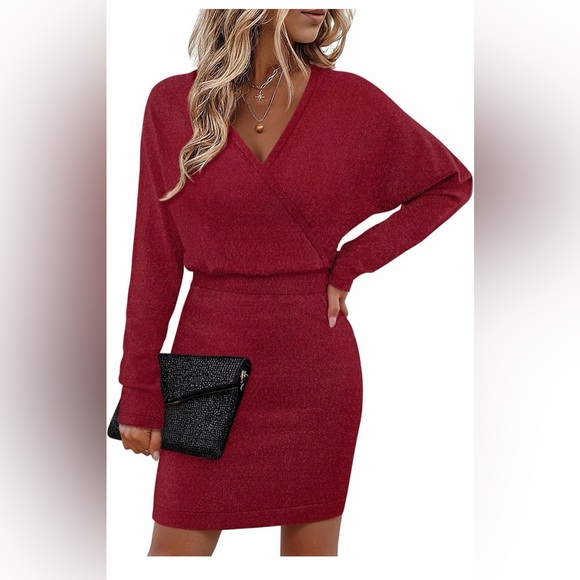 None Dresses & Skirts - 🆕 Sexy V Neck Batwing Sleeve Sparkly Holiday Bodycon Midi Dress